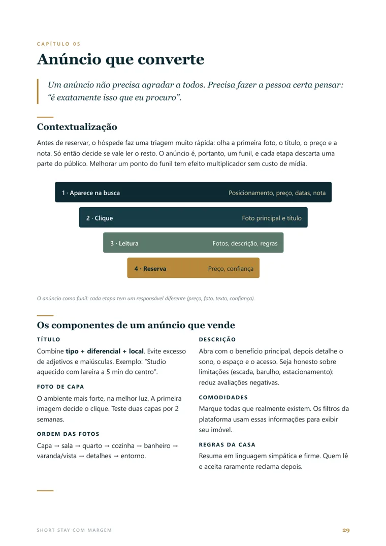 Página do e-book com as etapas do anúncio: aparecer na busca, receber o clique, ser lido e receber a reserva