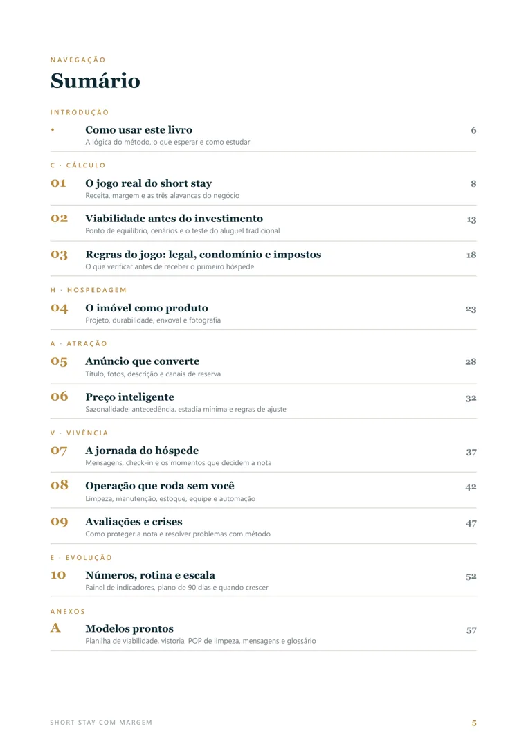 Página do sumário do e-book de aluguel de temporada, com os 10 capítulos organizados em cinco etapas